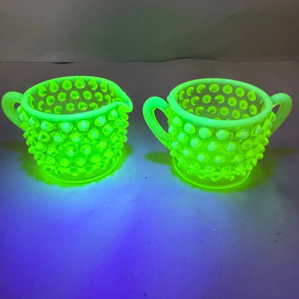 Fenton Topaz Opalescent Hobnail Uranium Creamer & Sugar Set Vaseline Glass 1940s